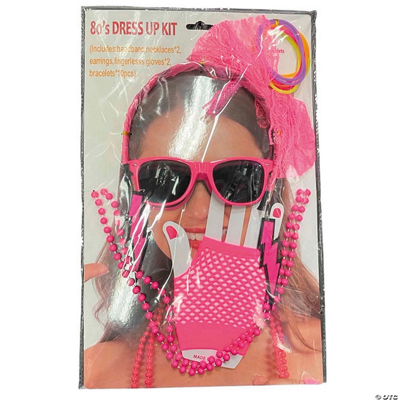 Adults Neon Pink 80’s Costume Accessory Kit – 17 Pc.