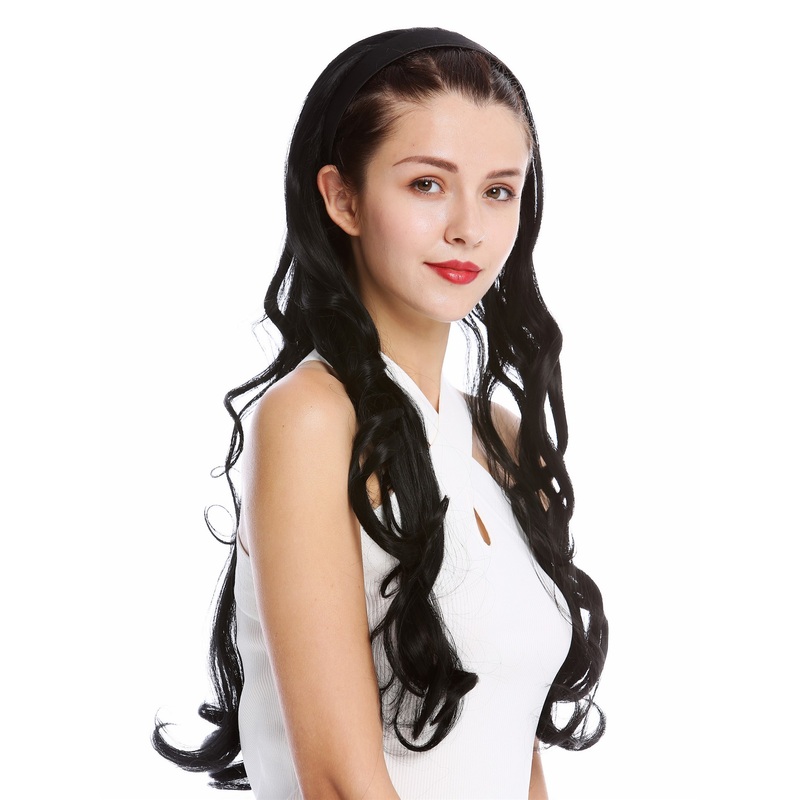 Halfwig Hairpiece Extension hair hoop alice band very long wavy black WH5044