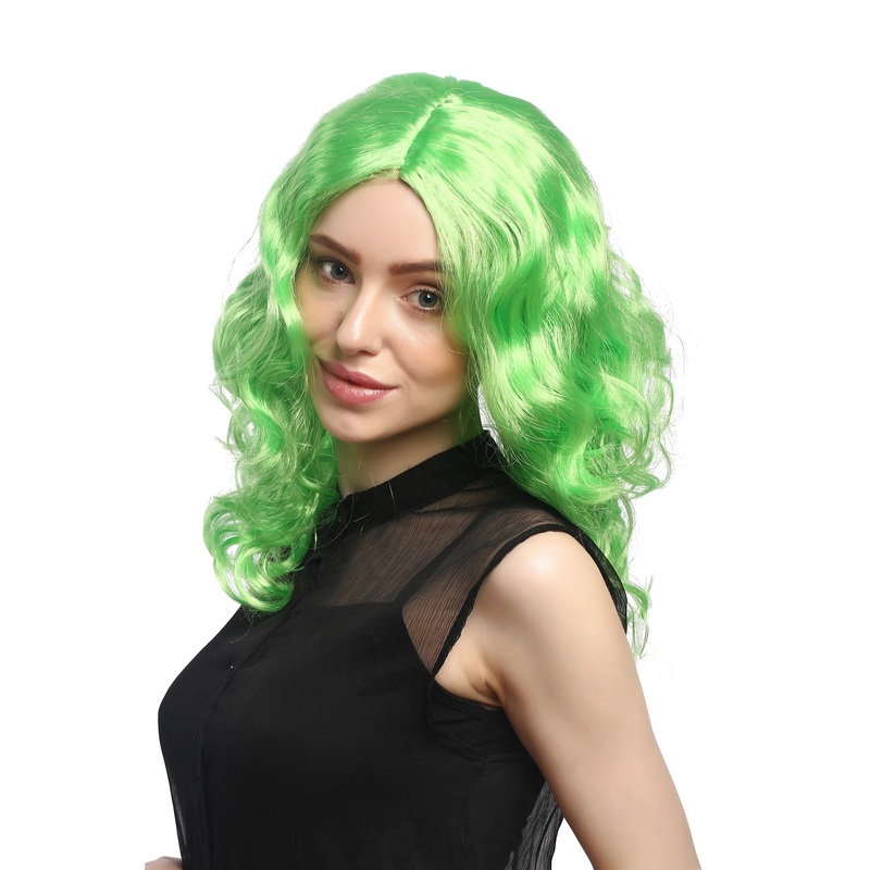 Lady Party Wig long very voluminous curly curls middle-parting green XR-010-PC15
