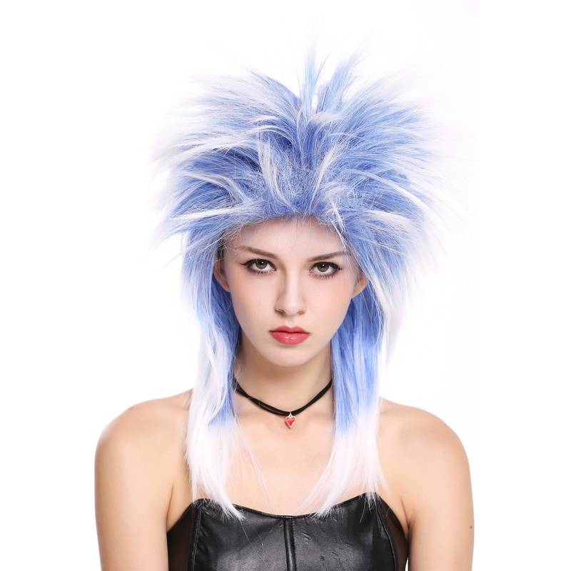 Men & Ladies Party Wig 80s Punk Wave Pop Star Blue White Mix Halloween 90891