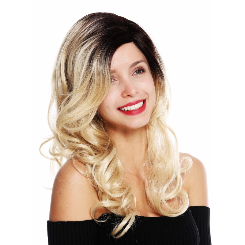 Monofilament women’s wig parting long ombre black blonde highlights VK-25-MT