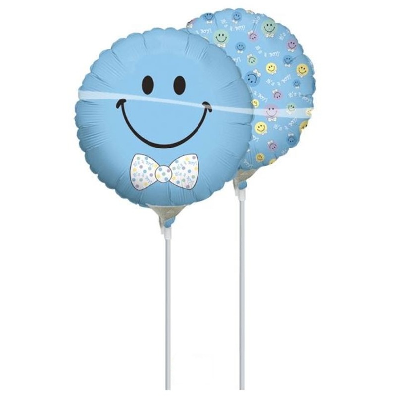 Stick balloon blue smiley with bow tie