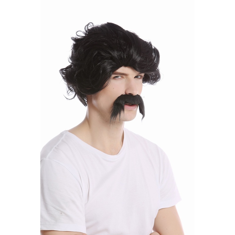 Wig and mustache set Halloween black Gangster Cartel Boss Escobar Bandit 0025
