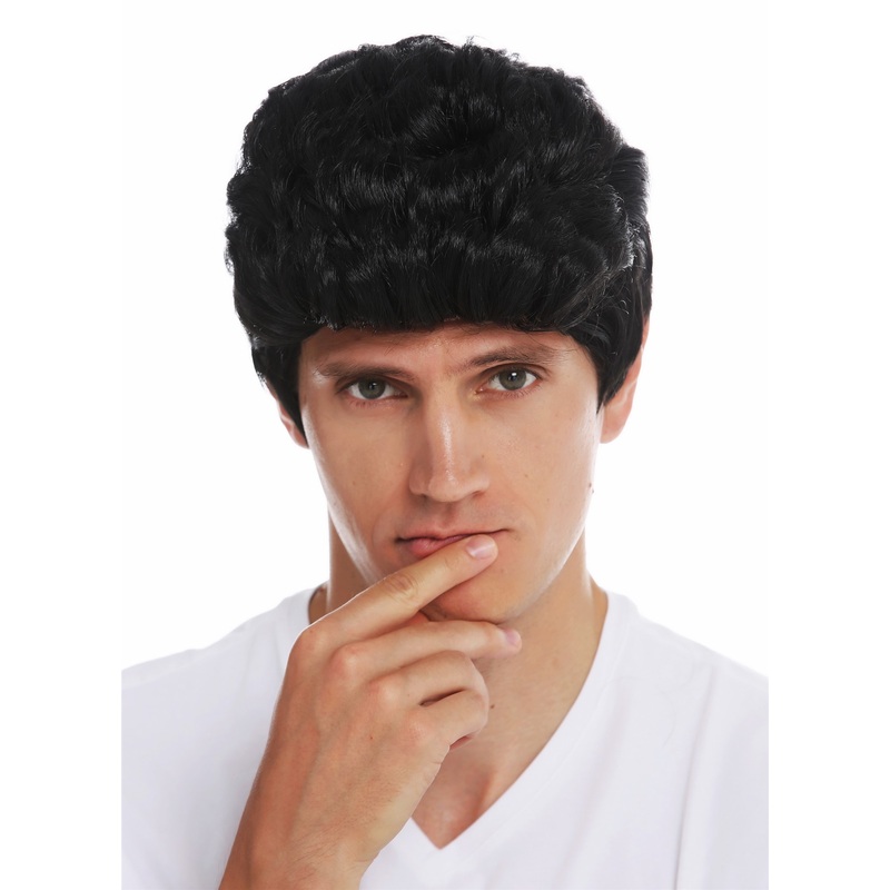 Wig Halloween men short wavy quiff sideburns Rockabilly 50’s 60’s black SARL084