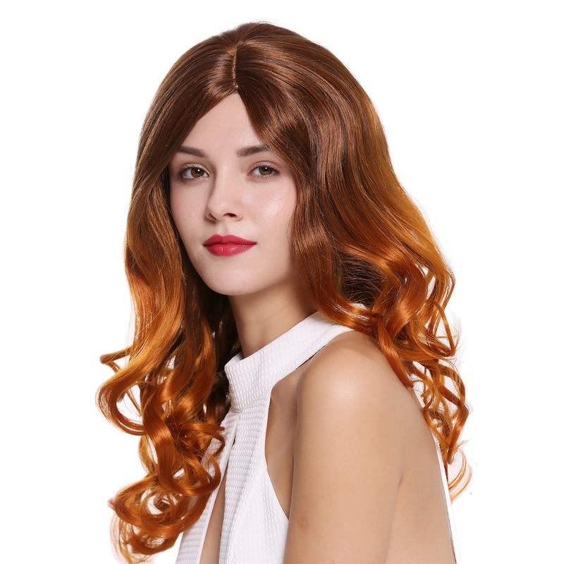 Lady women wig long curled curls parting Ombre brown red mix SA097