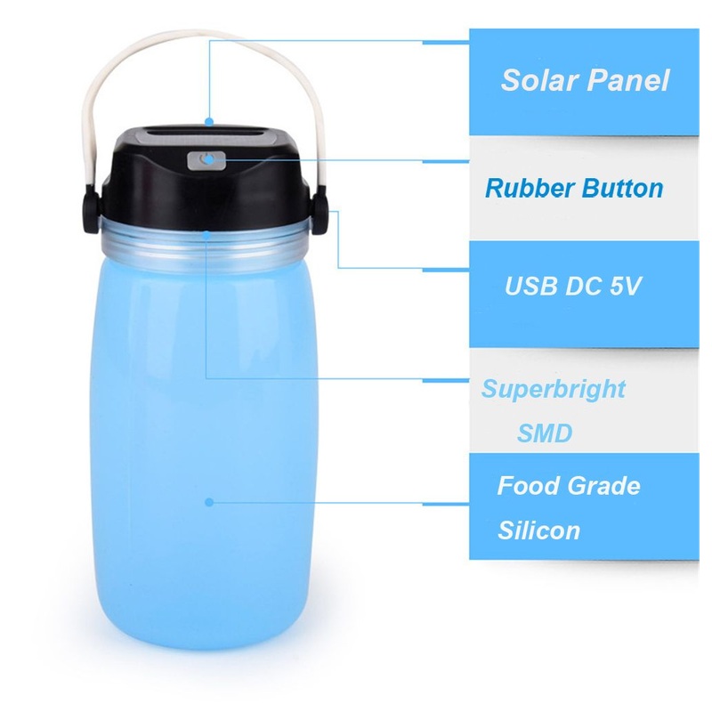 Solar Lamp Solar Water Bottle 2 in 1 Blue Color Food Grade Silicon Inflatable Solar Light for Outdoor