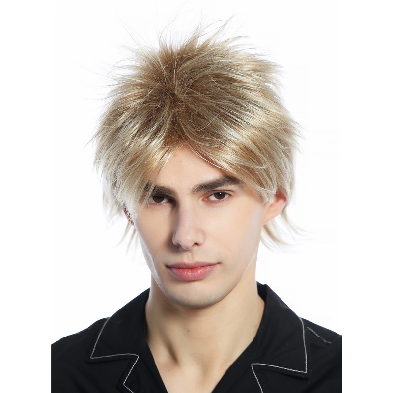 Wig Men Women short wild unruly 80s retro style blond platinum highlights M-261