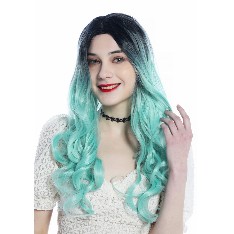 Women’s wig long middle-parting curls curled ombre black to minty green SZL0829
