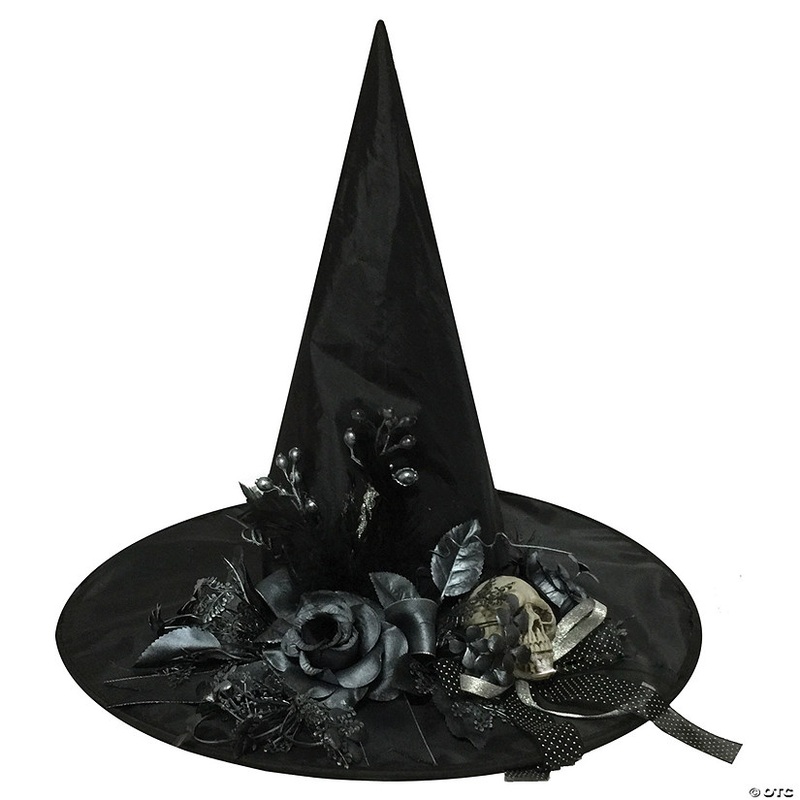 Adults Black Witch Hat with Skull & Flowers