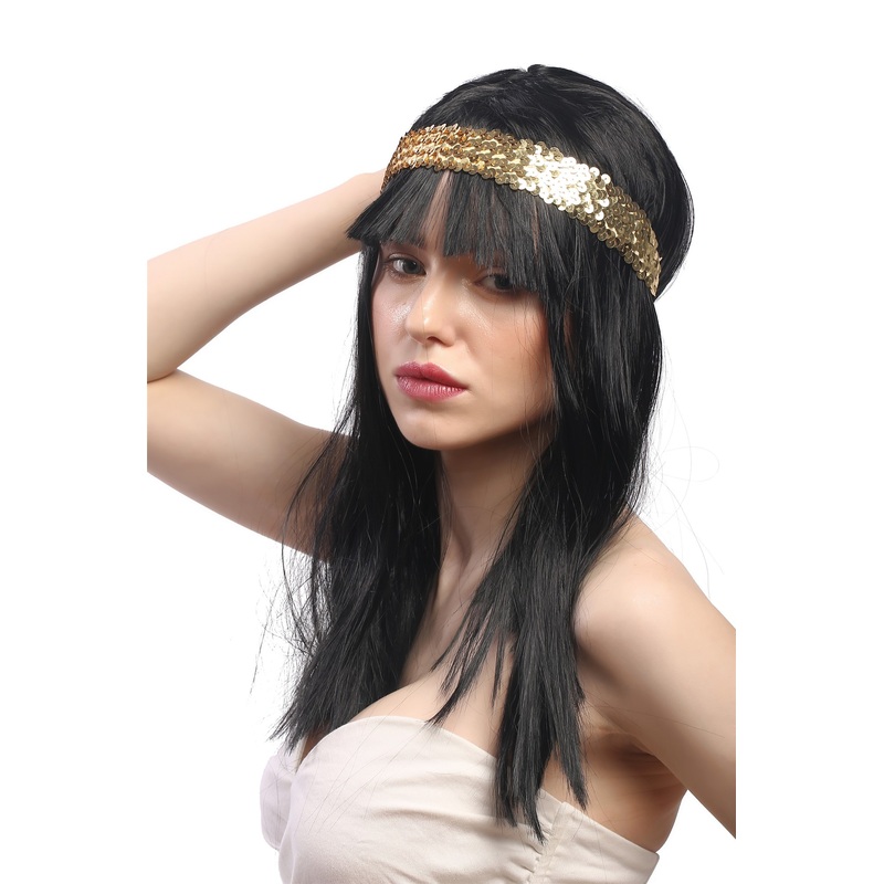 Lady Wig long black straight bangs 70s Disco Cleopatra golden headband 91270