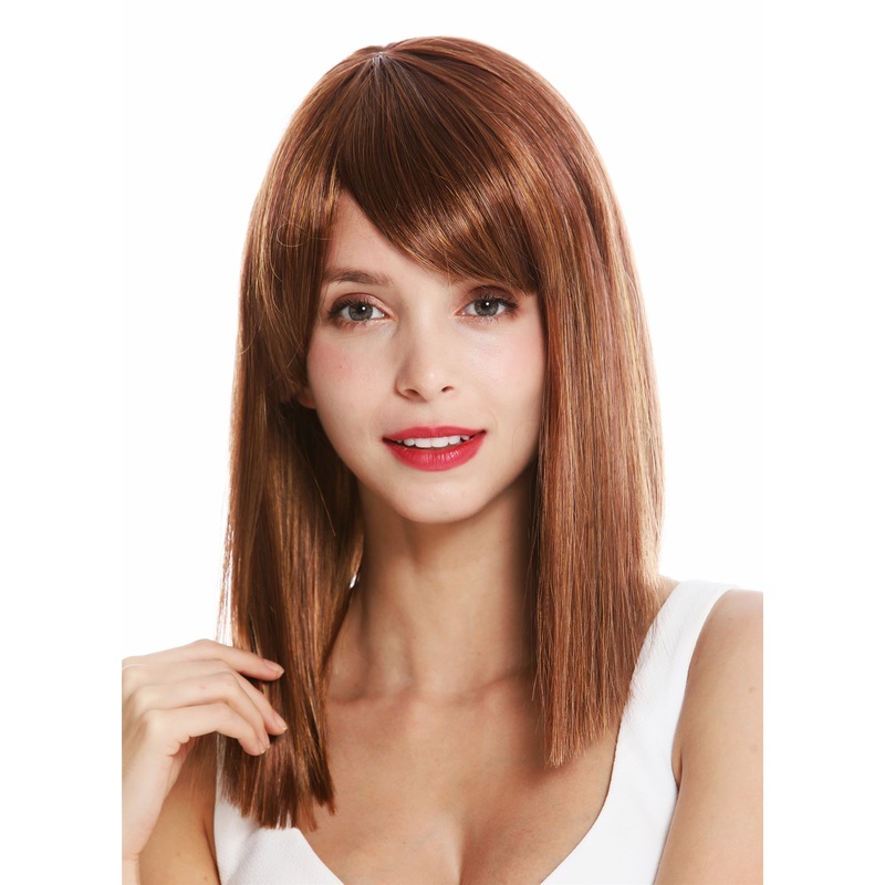 Lady wig shoulder length sleek longe fringe parted red blond hues mixed VK-5