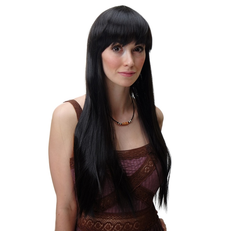 Lady Women Wig very long straight sleek bangs dark brown YZF-41062-4