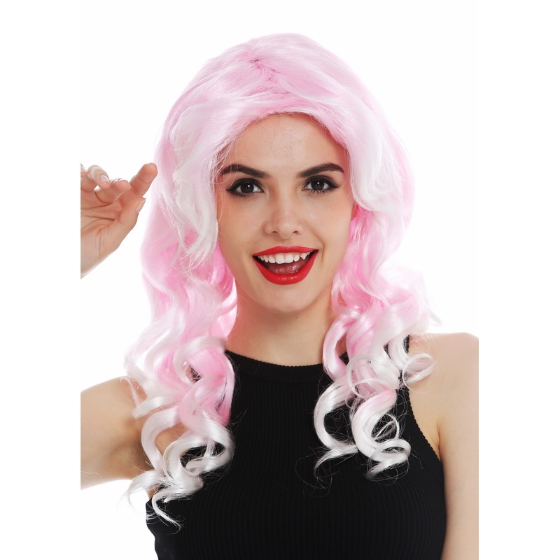Women’s lady wig carnival diva long curls light pink mix curls backcombed 06053
