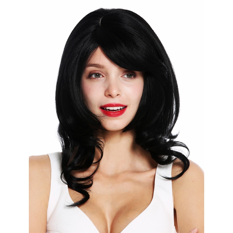 Women’s wig long very voluminous wavy waved side parting black VK-44