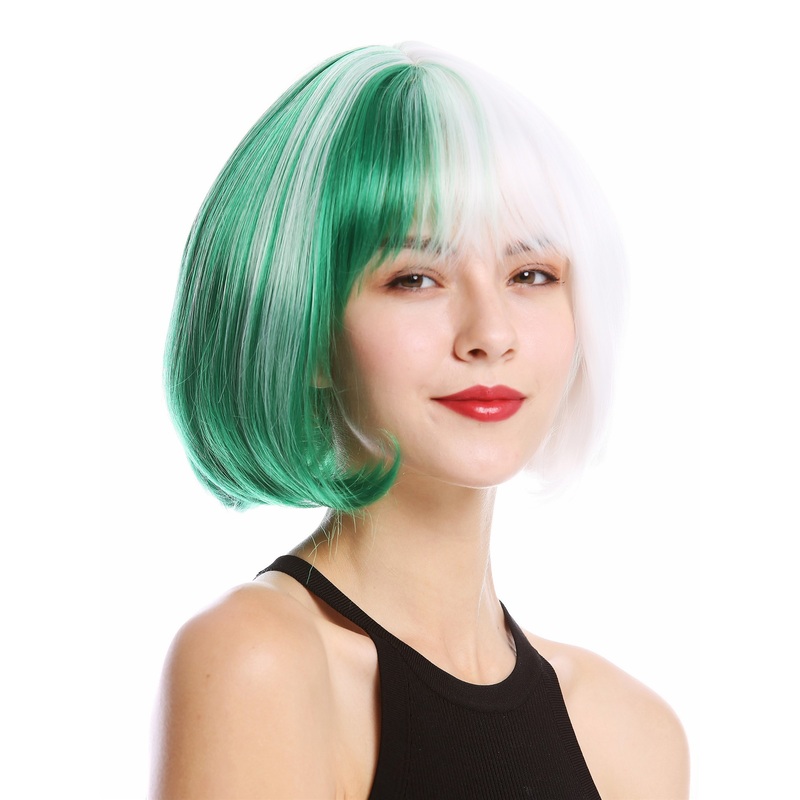 Lady Cosplay Wig Bob Longbob voluminous split two halfs white green GFW2269