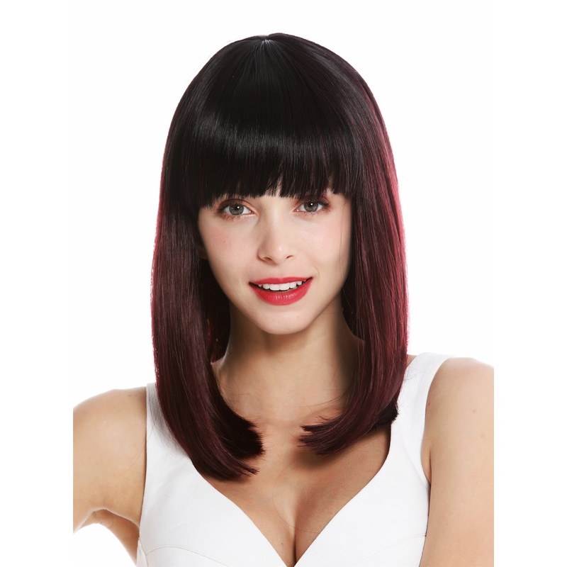 Lady wig shoulder length sleek fringe vamp ombre mix black crimson red VK-2