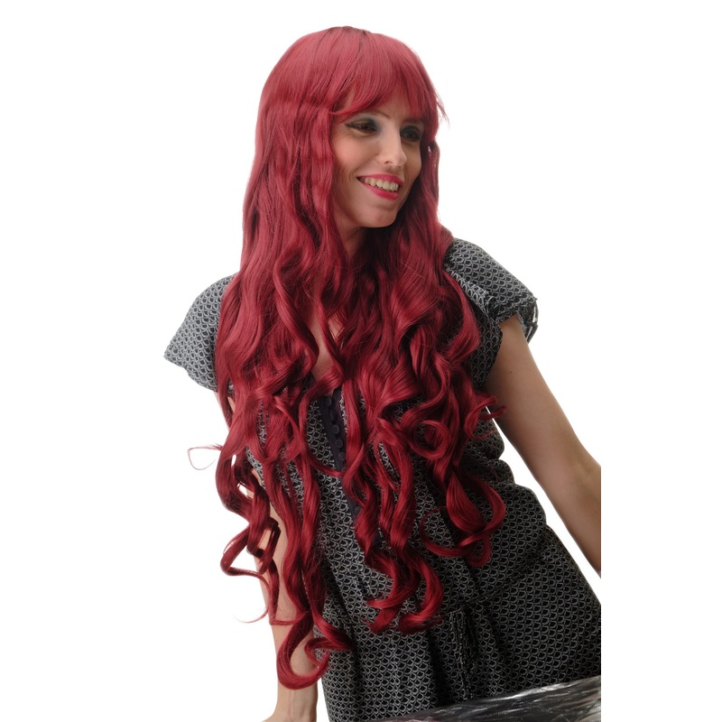 Lady wig very long middle parting + bangs curls curled burgundy red GFW501L