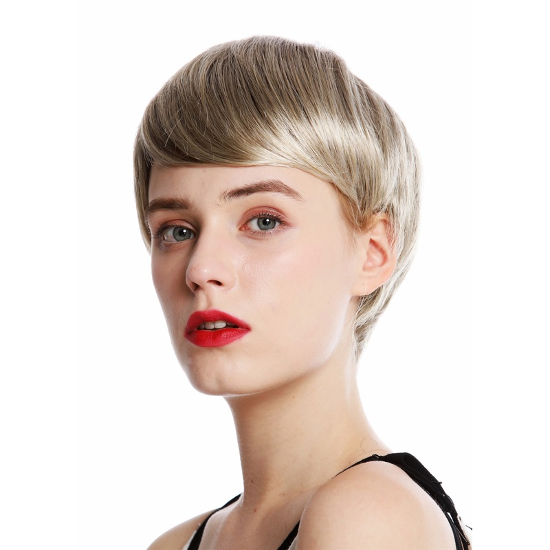 Lady wig very short boyish look parting light brown blonde highlights VK-32