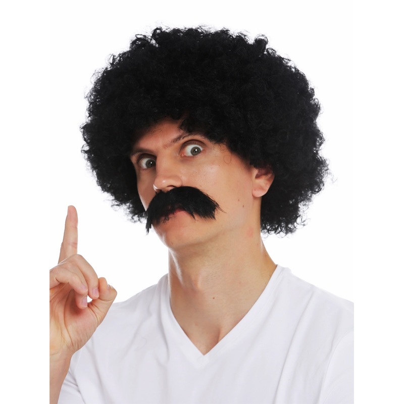 Wig & beard set men carnival frizzy curls voluminous afro 70’s hippie 2018553