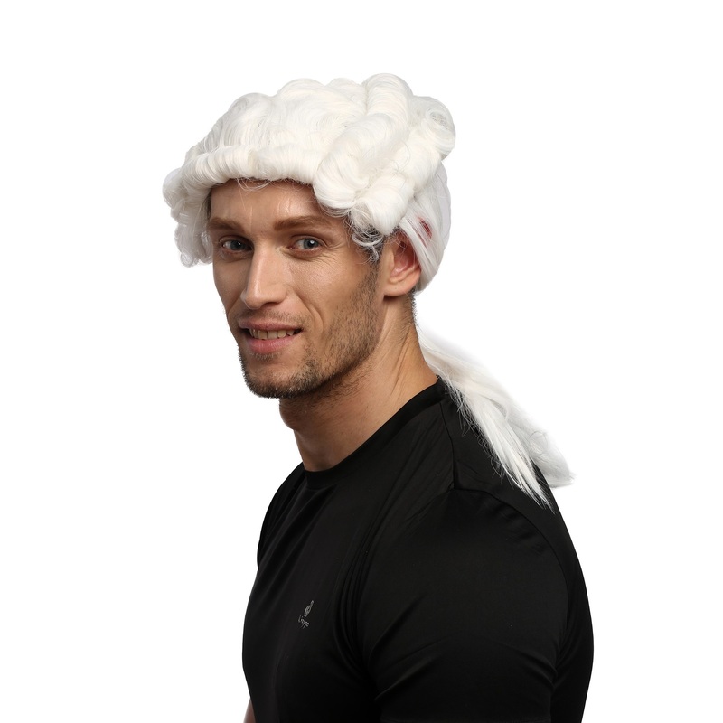 Wig Men Baroque Renaissance curled white Lord Judge Aristocrat Ponytail 0061