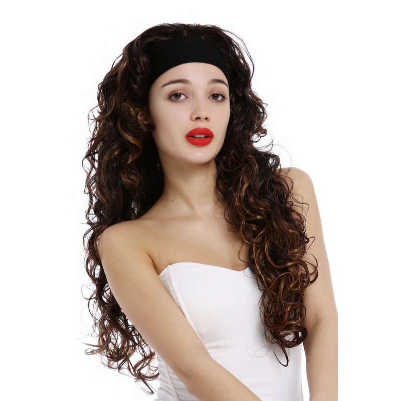 Lady wig headband long curled curly curls mahogany brown blond highlights VK-27