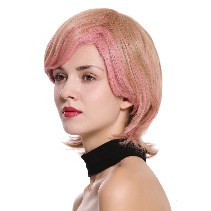 Lady women wig short long in back mullet wavy dark blond pink mix SA099