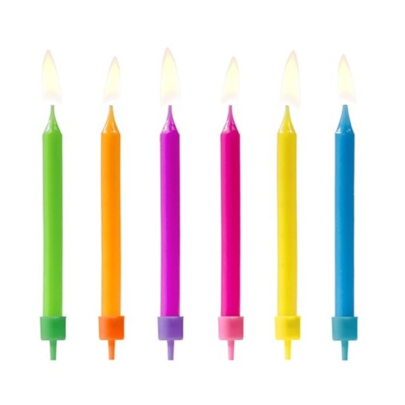 6 neon birthday candles including holders 6cm