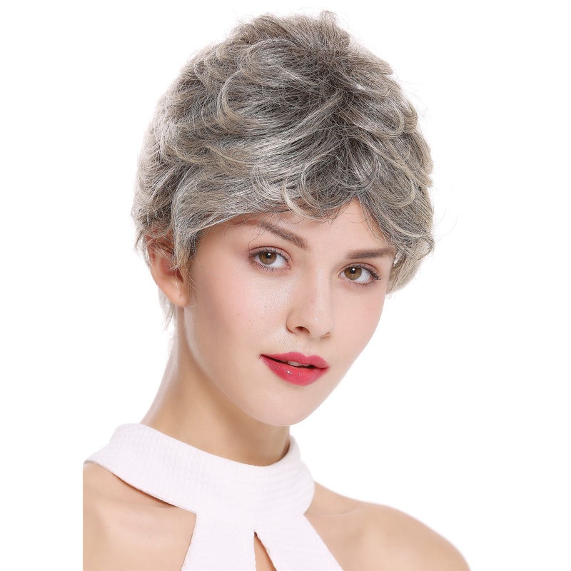 Lady Gents Men unisex wig short slight wave wavy brown grey mix motled DW2339