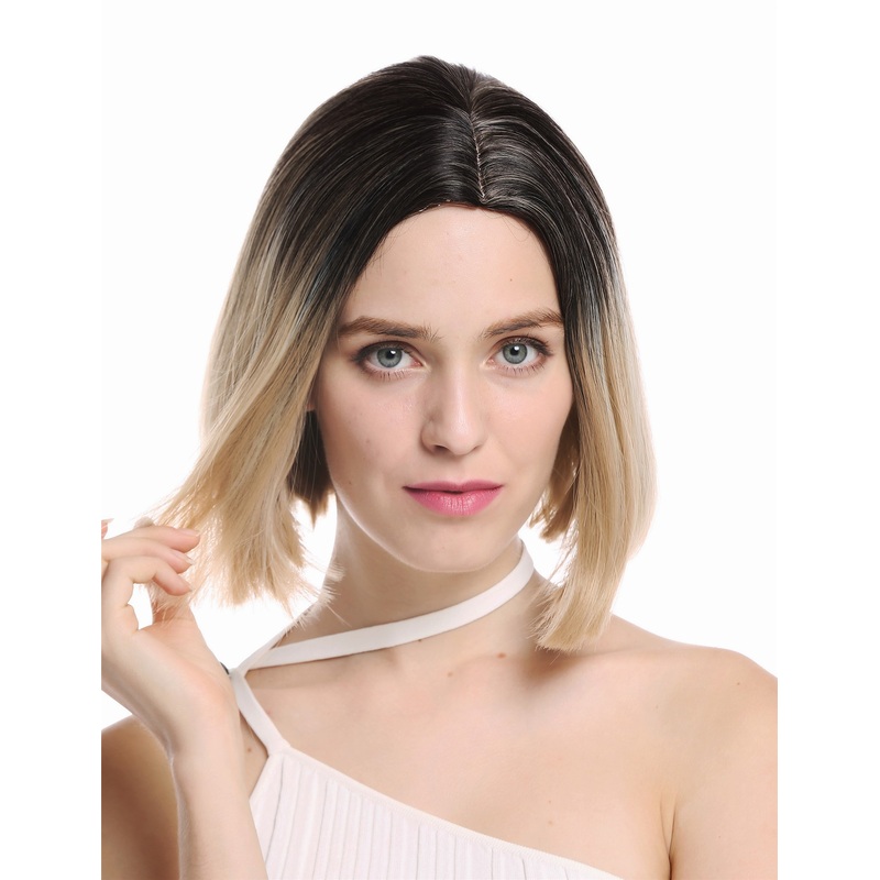 Lady wig short longbob middle parting sleek ombre black blond highlights GFW2933