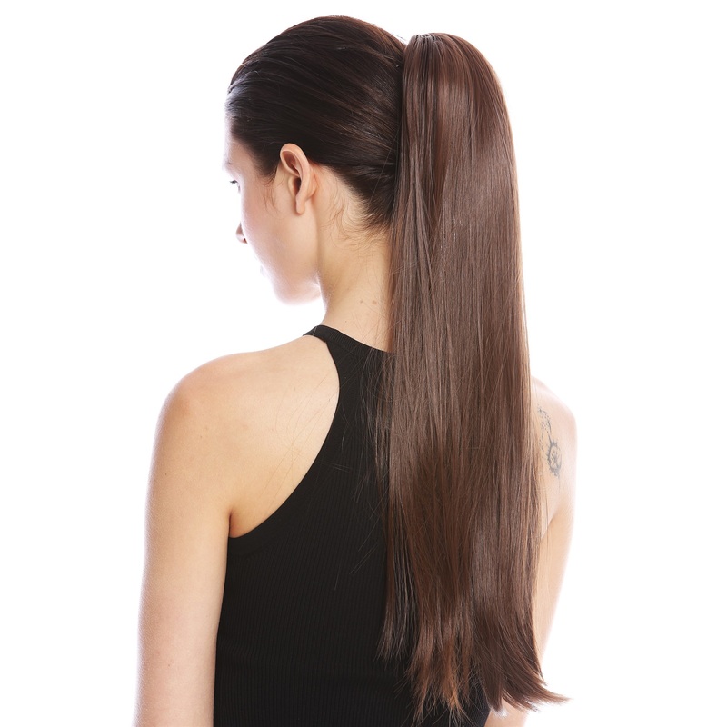 Ponytail Hairpiece comb ribbon wrap-around long straight medium brown YZF-1094S