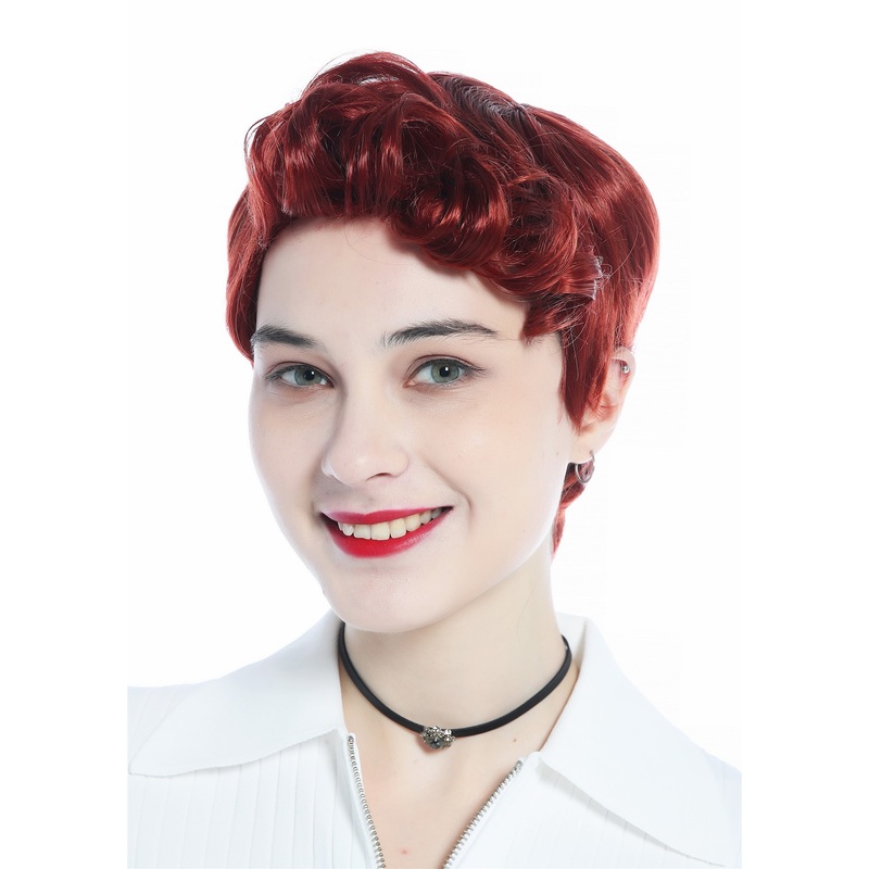 Wig Men Women unisex short straight curled quiff dark copper red DW3333