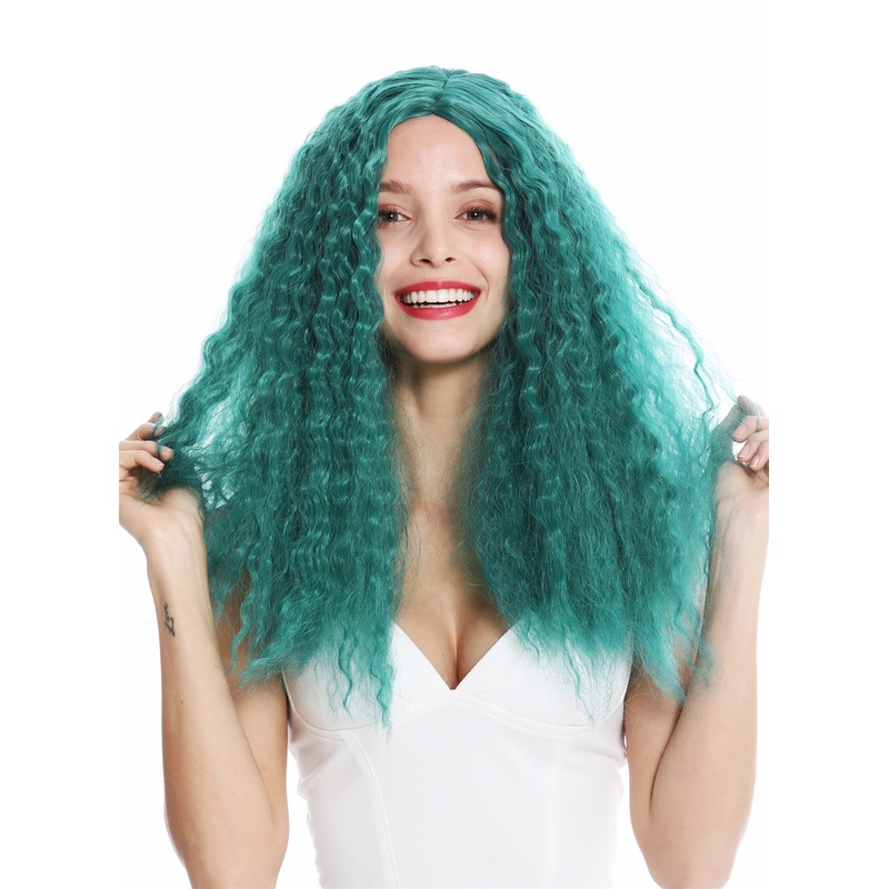 Lady wig very long voluminous frizzy curls middle parting green fairy YZF-7304
