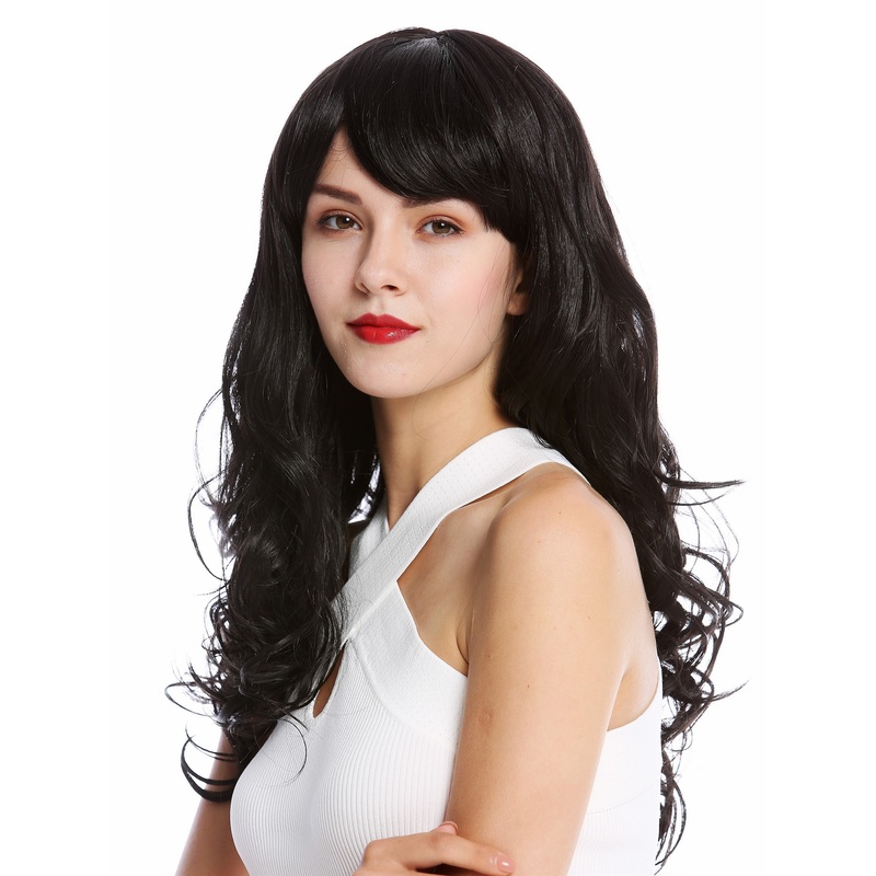 Lady wig women long wavy slightly curled fringe parted black brown SA103