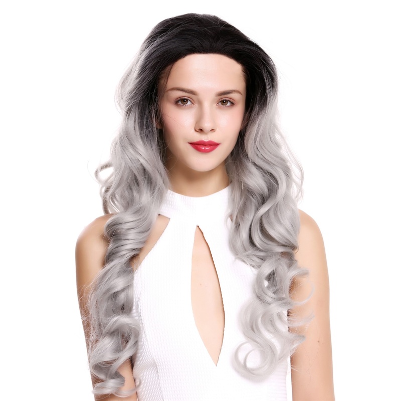 Lady wig women lace front long slightly curly ombre black grey LS-010-LF