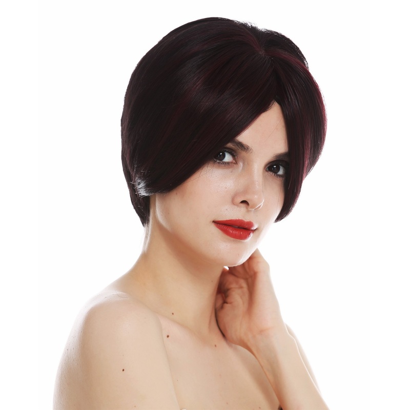 Monofilament women’s wig short parting sleek brown red highlights TYM-483-MT