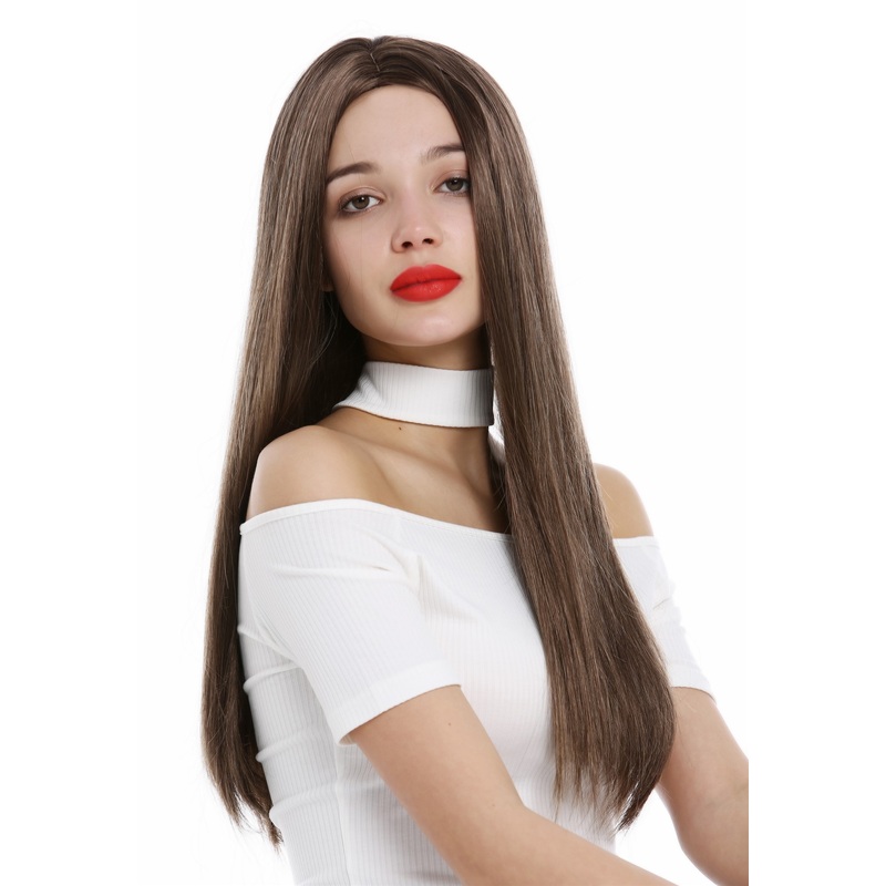 Lady Wig long straight sleek middle parting brown streaked highlights GF-W3823