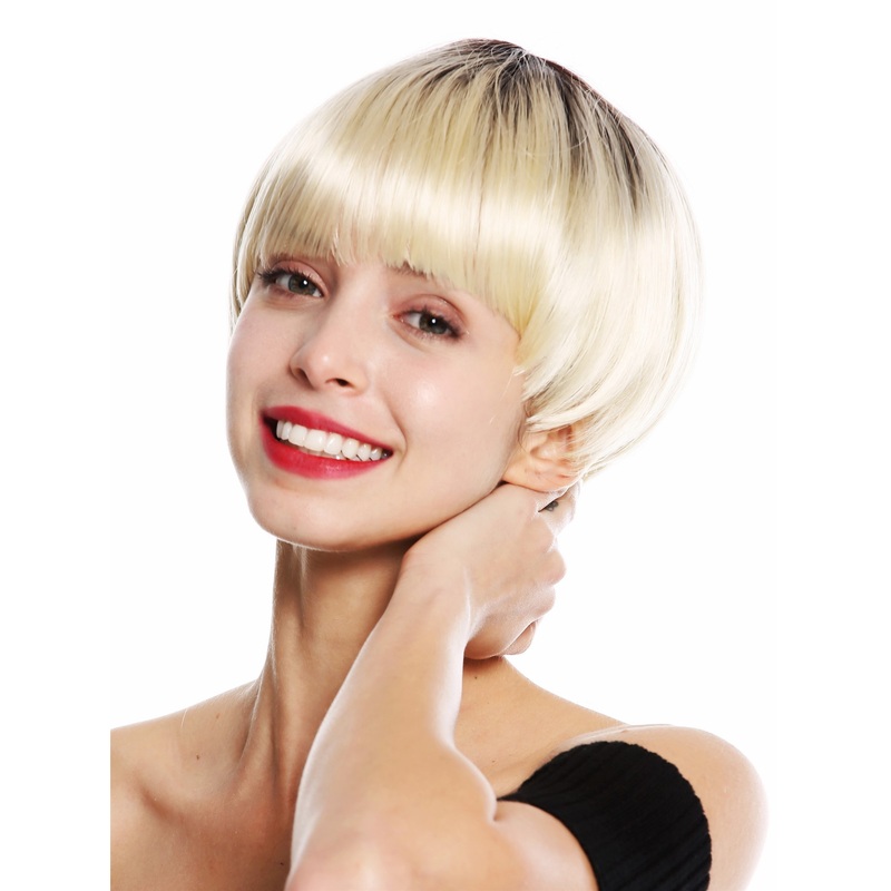 Lady wig short Page bob fringe ombre mix dark brown to platinum blonde VK-6
