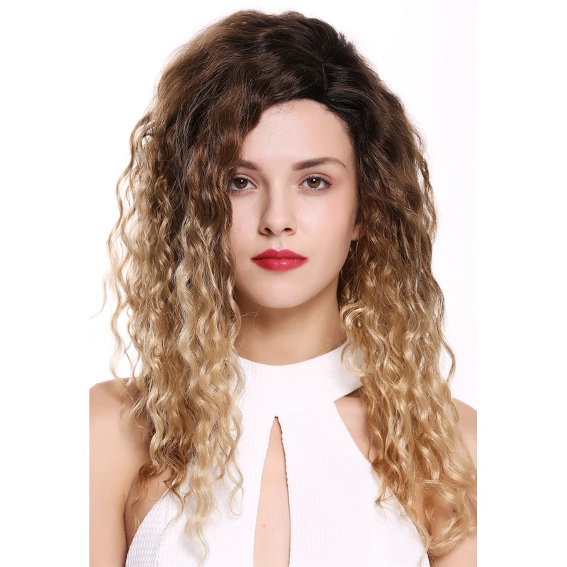 Women’s wig lady side parting afro curls curly ombre brown blonde mix 803AD