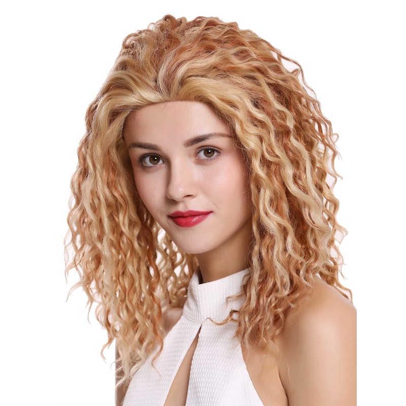 Lady wig human hair long lace front curls blonde copper brown mix UR-016-HH-LF