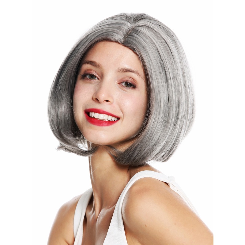 Lady wig short bob sleek wavy tips parting grey highlights mottled 1962