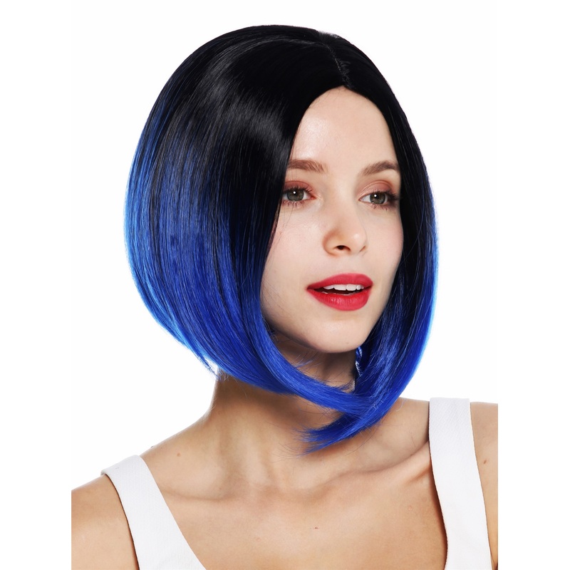 Lady women wig sleek long bob middle parting ombre short black blue ZM-1782