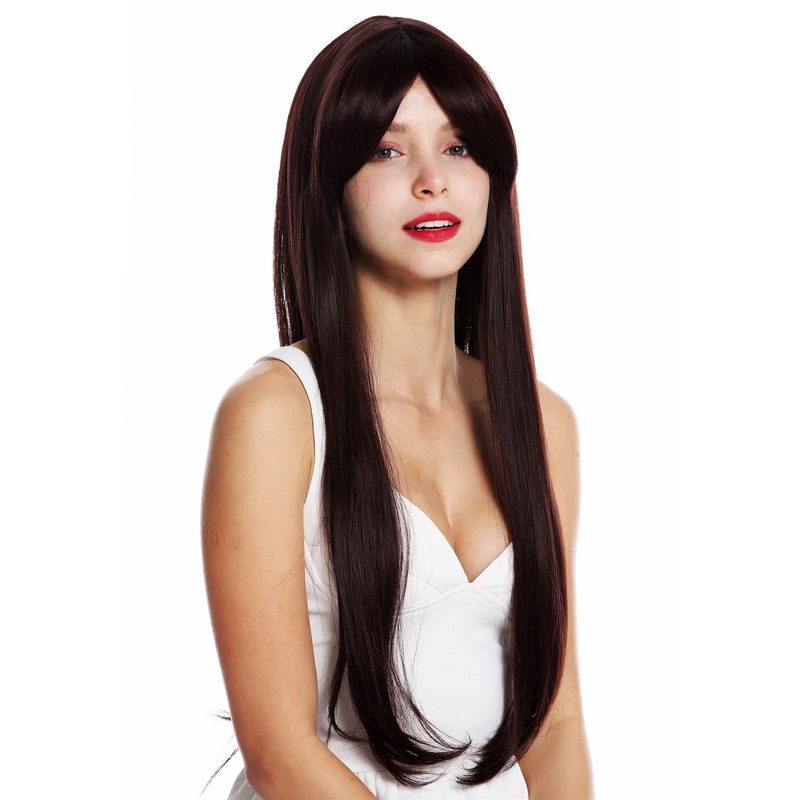 Women’s wig lady very long sleek fringe parted mahogany brown mix NY-9