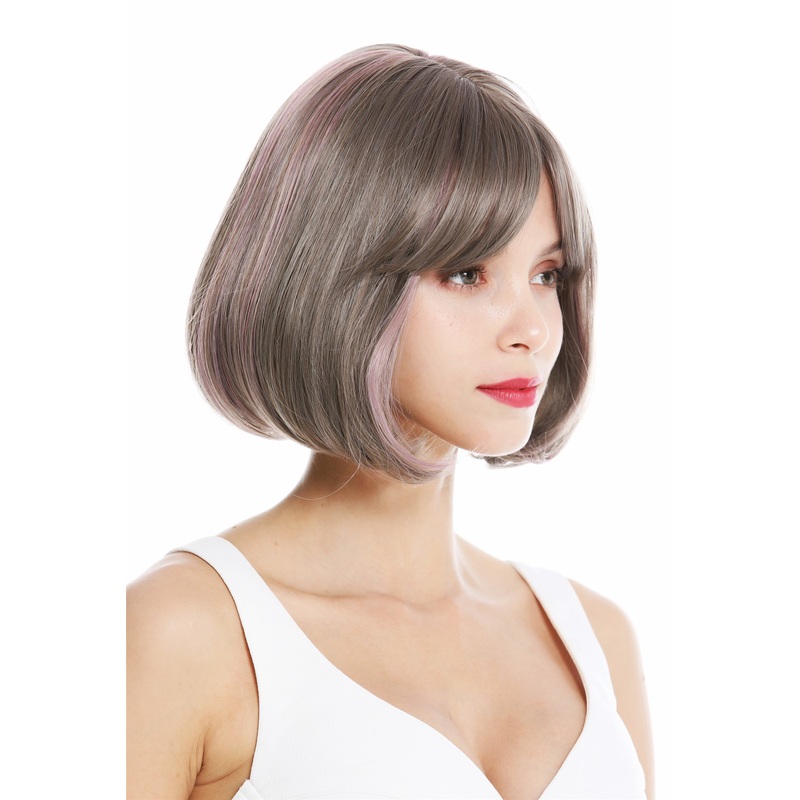 Lady wig short bob sleek waved tips fringe brown blonde grey purple  182001