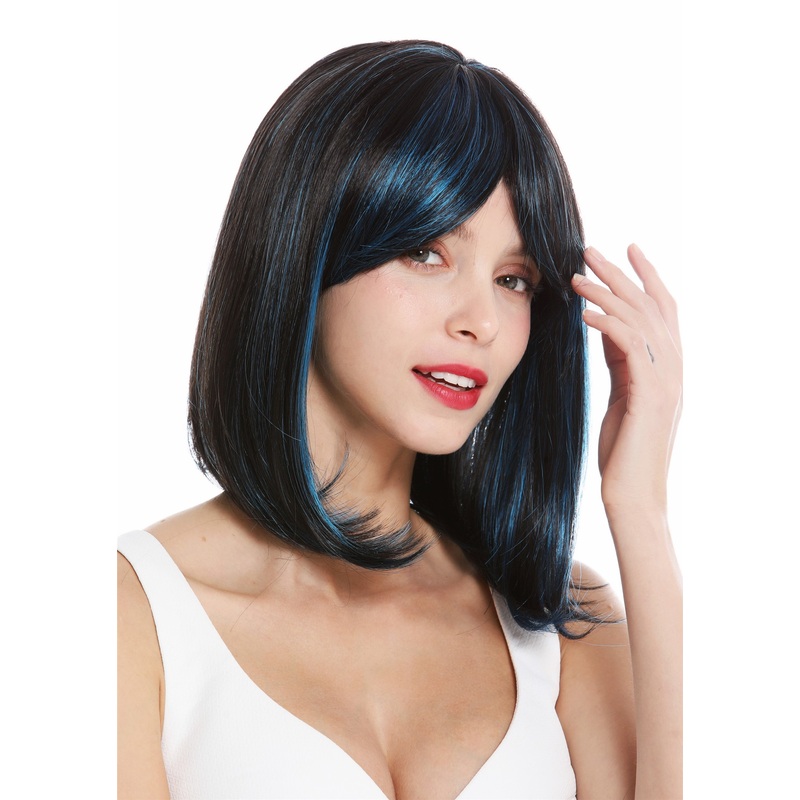 Lady wig shoulder length longbob sleek Balayage off black blue highlights VK-3
