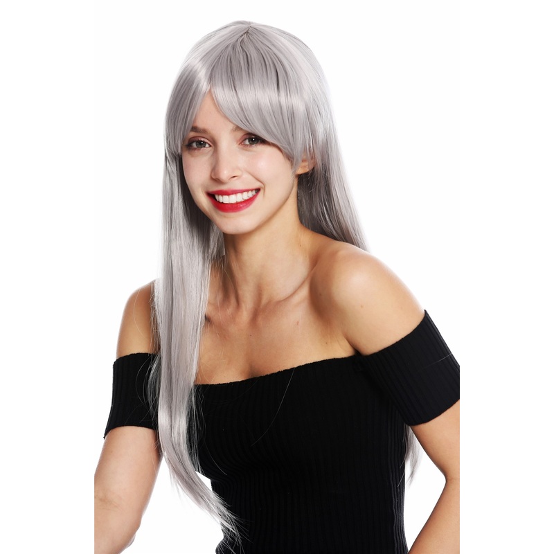 Women’s wig lady cosplay long sleek fringe parted parting gray grey YZF-41062