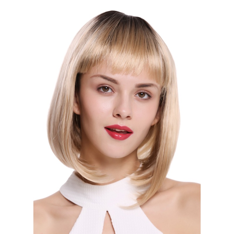 Lady wig Bob Longbob short sleek straight fringe bangs ombre brown blond DW2140Q