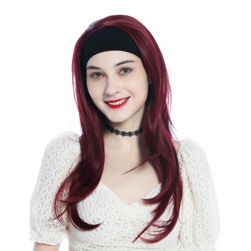 Lady wig half wig black headband retro long straight burgundy garnet red H9306