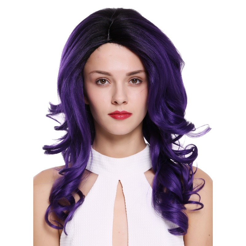 Lady women wig long wavy parting teased volume ombre black violet DW1948