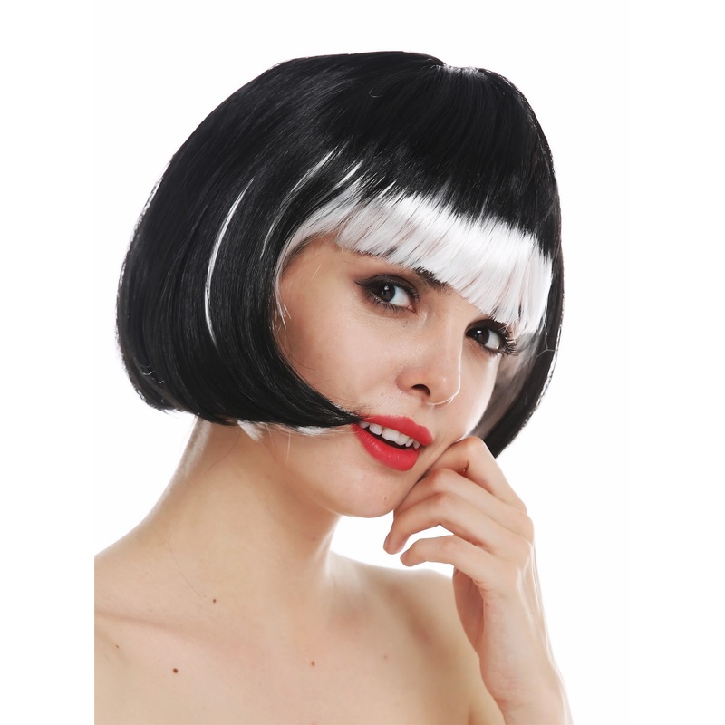 Party wig carnival Halloween women bob short black white fringe gothic 74023