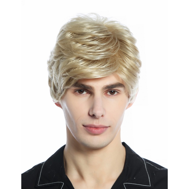 Wig Men Women unisex short parting wavy unruly unkempt look ash blonde DW94A